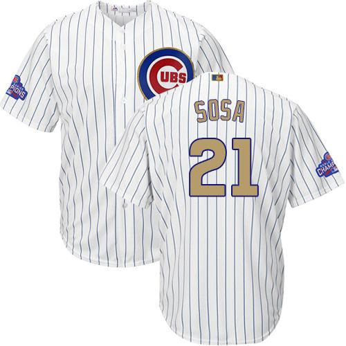 Cubs #21 Sammy Sosa White(Blue Strip) Gold Program Cool Base Stitched MLB Jersey - Click Image to Close